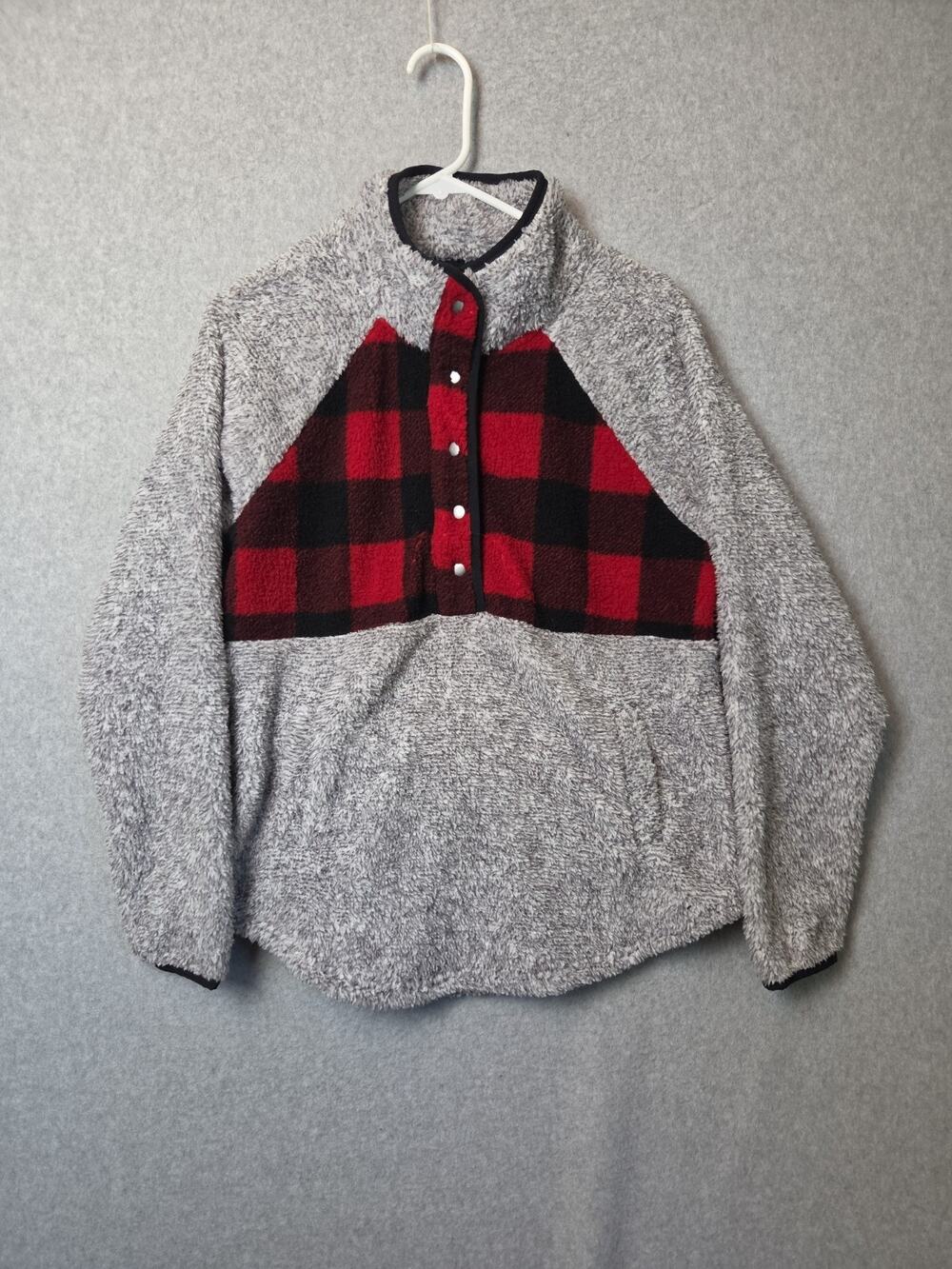 Maurices Gray Sherpa Fleece Buffalo Plaid LS Snap Collar Sweater Women’s Large